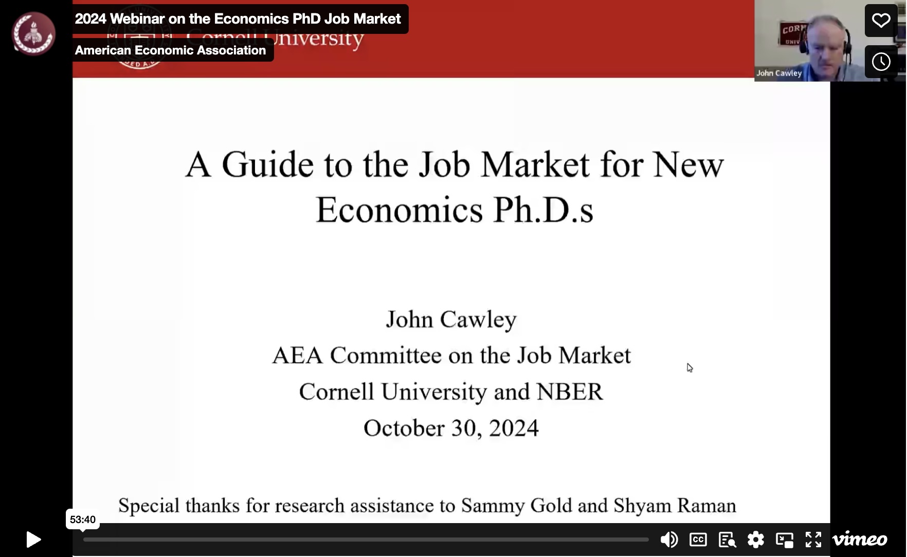 2024 Webinar on the Economics PhD Job Market - John Cawley